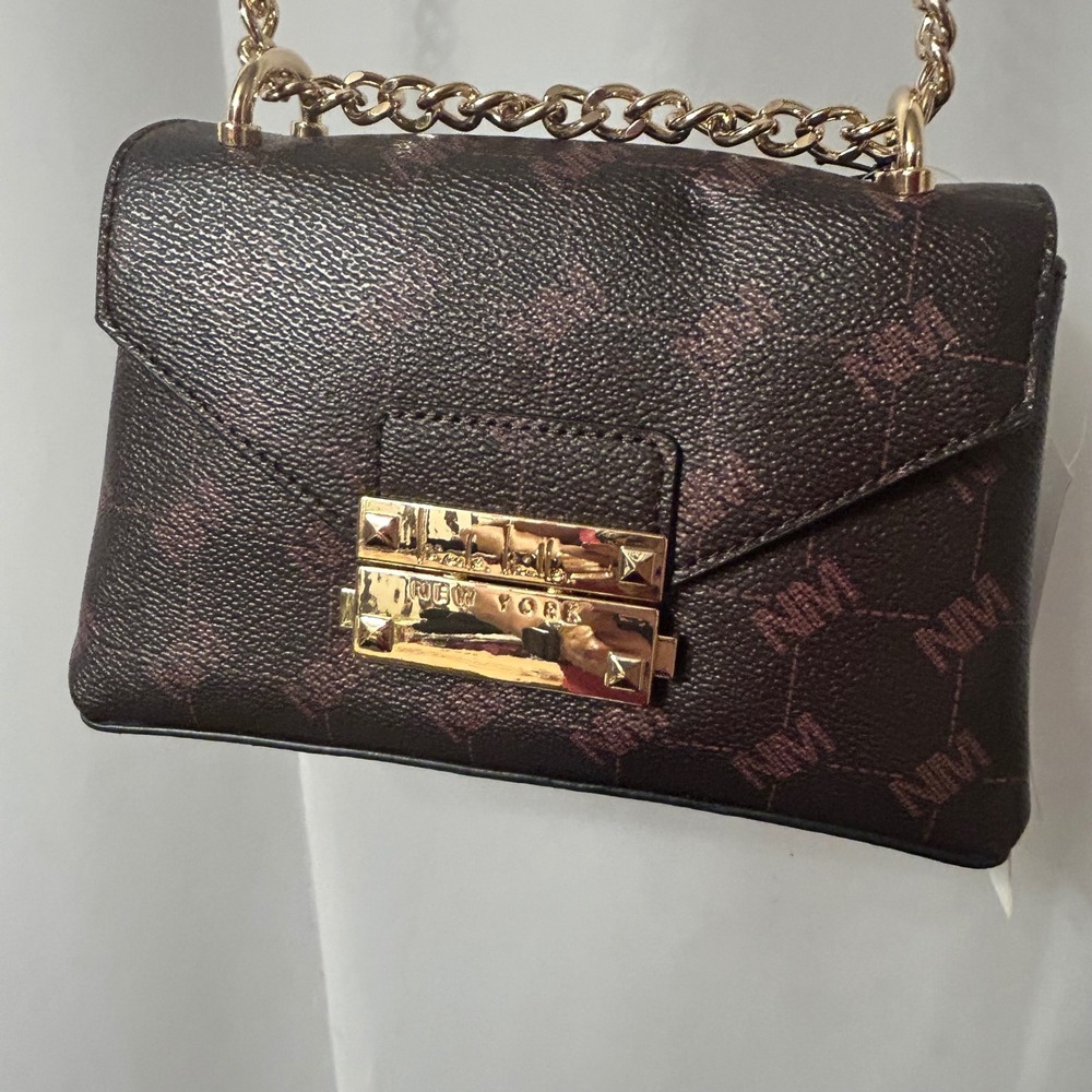 Nicole Miller New‎ York Mini Brown Crossbody Bag Gold Chain Strap Purse